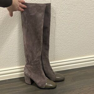 Chanel style Taupe Suede Boots with Olive Cap Toe